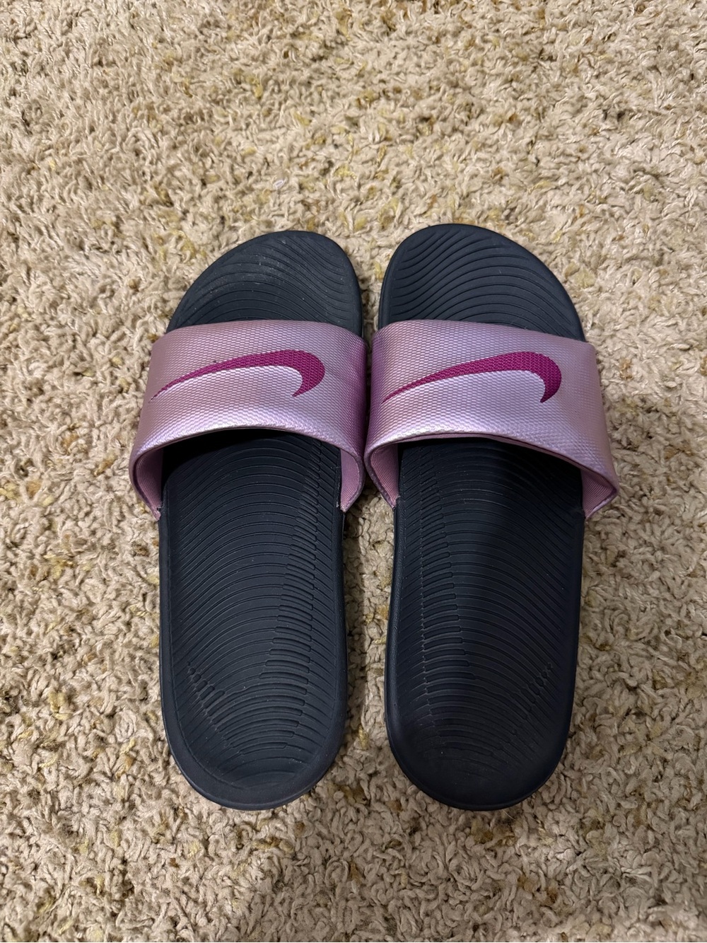 Nike Pink Metallic Slide Sandals with Dark Pink Swoosh